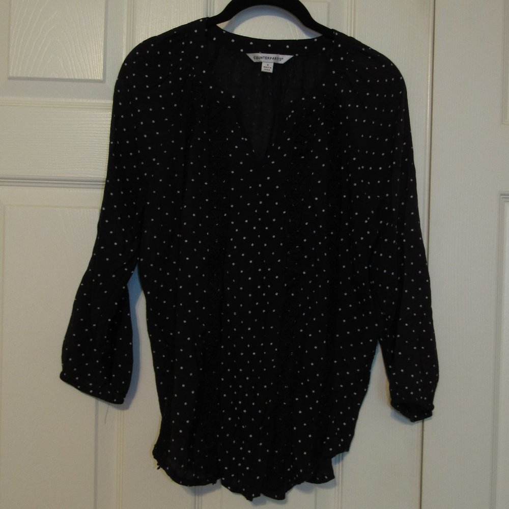 Counterparts Size S Black w/White Polka-Dots & Embroidery Sheer Blouse